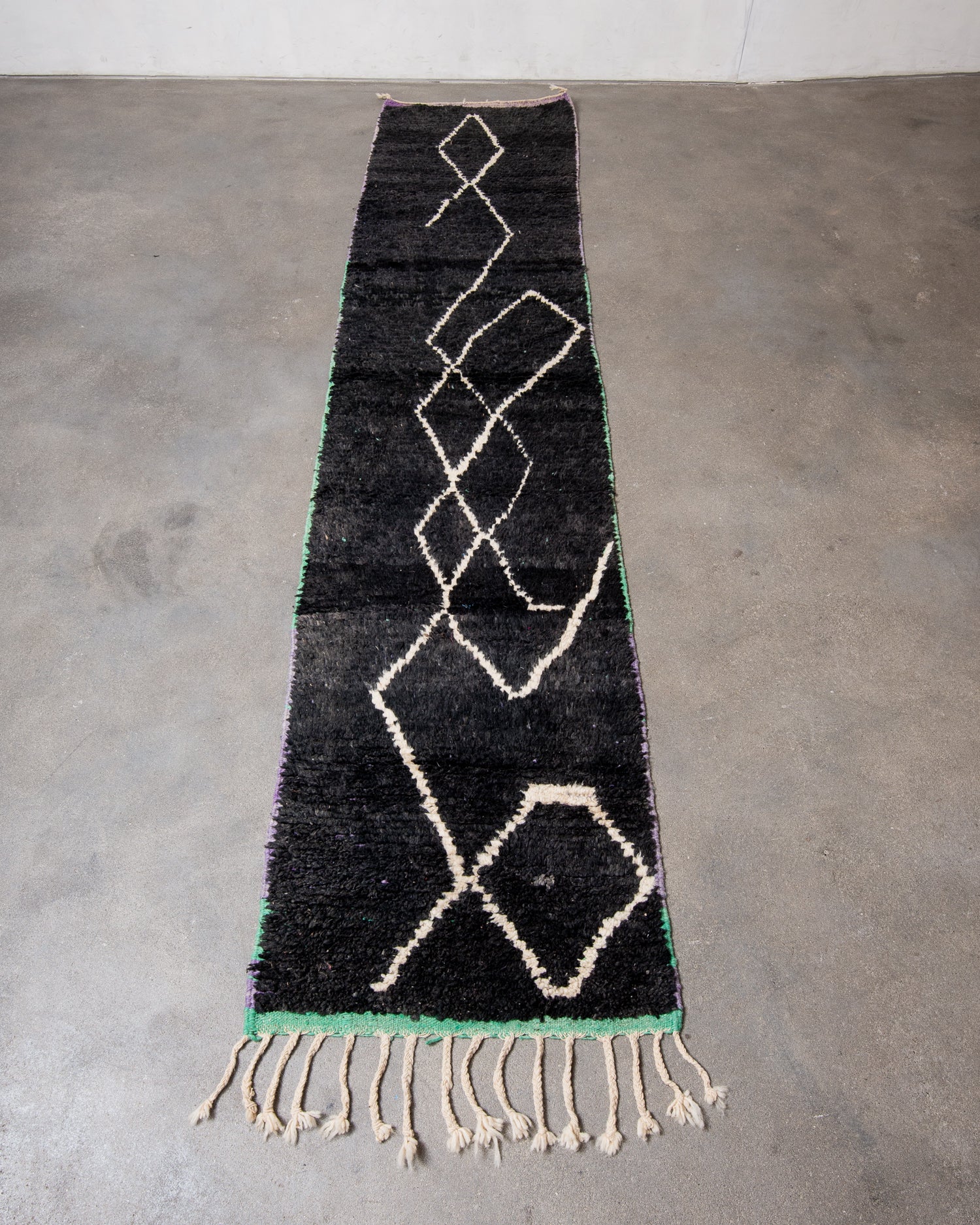 Modern, designer, handcrafted Berber runner rug from Morocco. Vintage carpet with beautiful colours and patterns and fluffy texture.